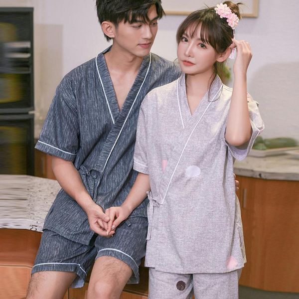 

ethnic clothing japanese woman kimono cotton short v-neck man jinbei pajamas sleepwear set yukata for couple's, Red