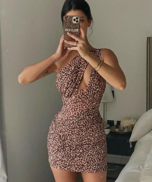 

casual dresses ladies women spring one shoulder key hole leopard mesh mini dress 2021 designer fashion evening party club vestido, Black;gray