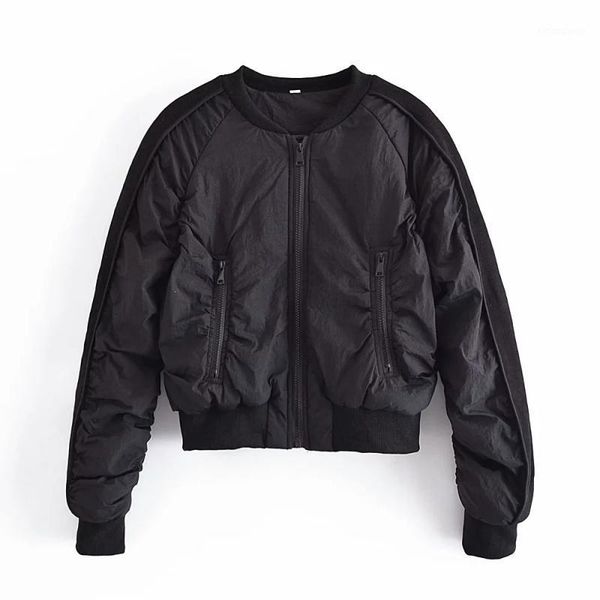 

women's jackets slmd 2021 autumn women fashion zipper pockets solid patchwork bomber female stand collar padded coat ladies outerwear, Black;brown