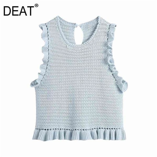 

[deat] spring summer fashion vest solid color round neck ruffles sleeveless knitting women tank 13q233 210527, Black;white
