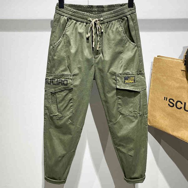 

pant men streetwear hip hop casual ankle length trousers elastic waist armygreen cotton spring autumn, Black
