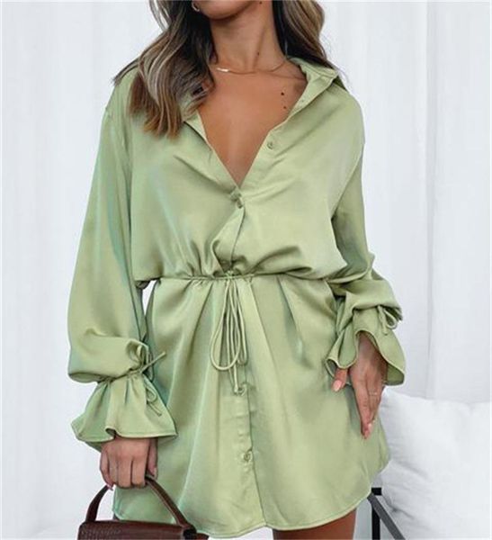 

casual dresses mini shirts dress autumn 2021 solid lapel long flare sleeve single-breasted lace-up, Black;gray