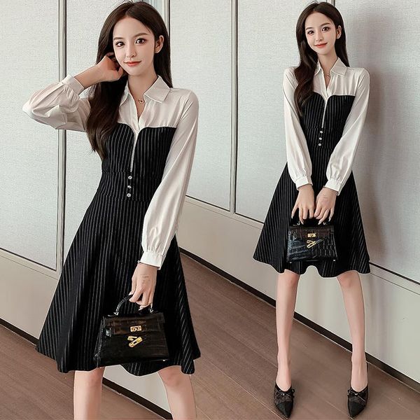 

casual dresses coigarsam fashion patchwork women long dress high waist black stripes 6155, Black;gray