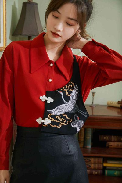 

skirt sleeve of red autumn crane print frog button up female japanese shirt, Black