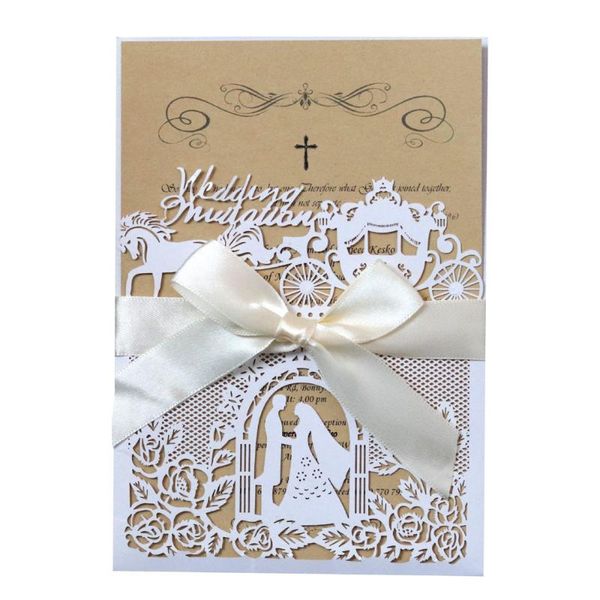 

greeting cards laser cut wedding invitation with hollow floral bow ribbon bride and groom design for engagement bridal shower