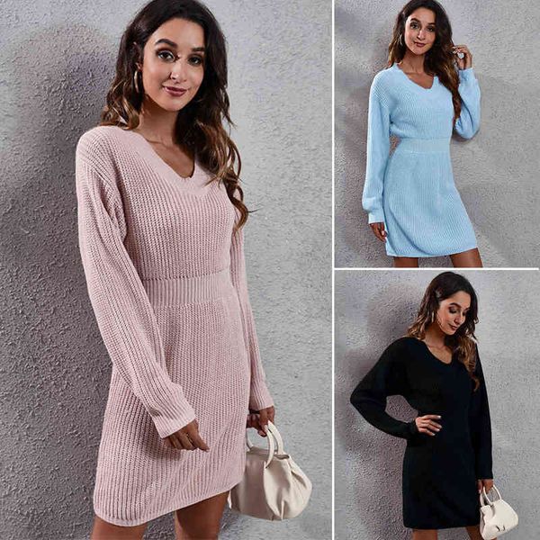 

2022 new elegant sweater dress women boho vintage dress knitting women v-neck draw back wasit dresses female solid knitted robe y1204, Black;gray