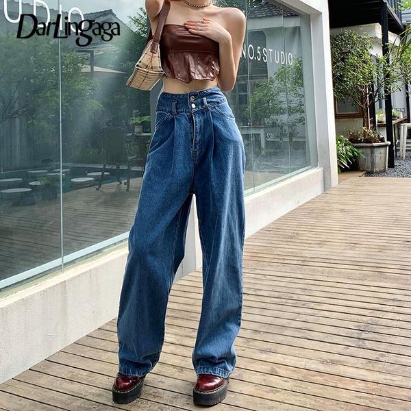 

women's jeans darlingaga streetwear solid pockets wide leg korean fashion buttons high waist pants denim capris straight baggy, Blue