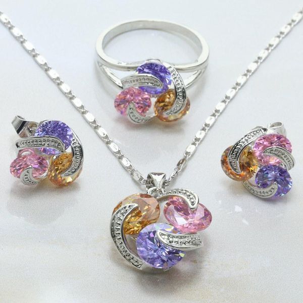 

earrings & necklace otogo transing 2021 multicolor rainbow cubic zirconia silver color jewelry sets for women earrings/necklace/pendant/ring