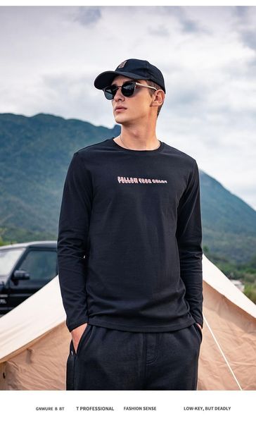 

men's t-shirts 4867 2021 autumn pure cotton clothing trend printing simple shirt youth long-sleeved t-shirt, White;black