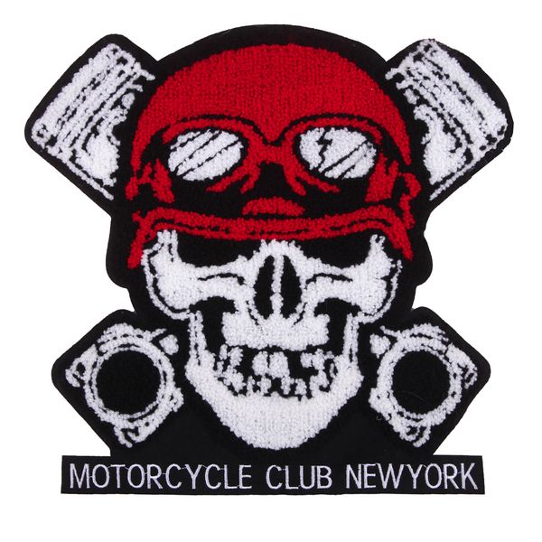 Asciugamano ricamo Cartoon Motorcycle Club Chenille Patch Tessuto Personalizzato Cucire su Skull Sticker Big Size Patchwork Appliques per Borsa Abbigliamento Zaino