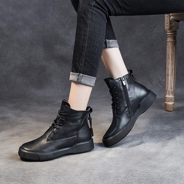 

boots yiluan spring autumn women genuine leather thick heels ankle for shoes retro handmade zipper short warm, Black