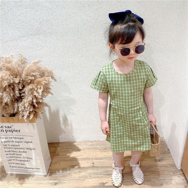 

children's summer girls clothing foreign style small fresh green cotton plaid baby dress cute skirt girl's dresses, Red;yellow