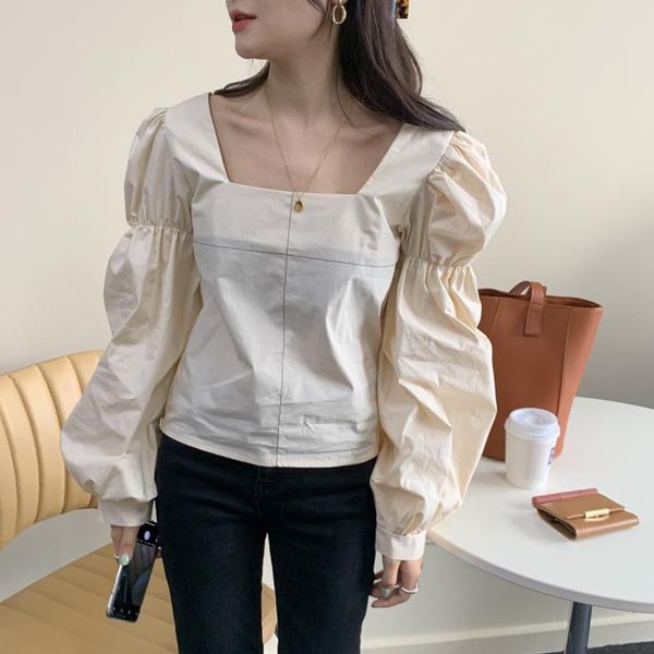 

korean ins square collar off-the-shoulder blouse back lace-up loose pleated solid color blusas puff sleeve shirts for women, White