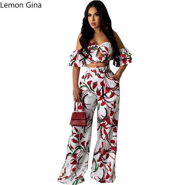 

women's two piece pants lemon gina summer 2021 fashion digital print chest stitching trousers 2 set, White