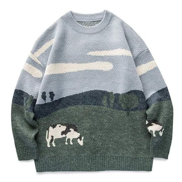 

men's sweaters vintage prairie cow pattern sweater, White;black