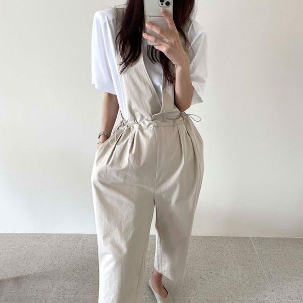 

women's two piece pants summer fashion round neck shoulder pad short-sleeved t-shirt + drawstring waist strap wide-leg jumpsuit dk951, White