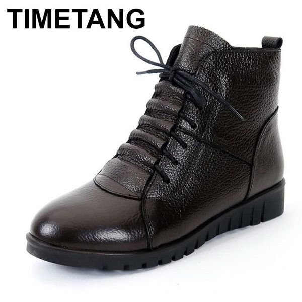 

boots timetang plus size(35-43) winter women shoes woman genuine leather flat ankle female lace-up snow, Black