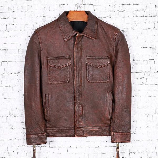 

men's leather & faux 2021 vintage brown genuine jacket men casual style double pockets plus size 5xl real cowhide autumn slim fit male, Black