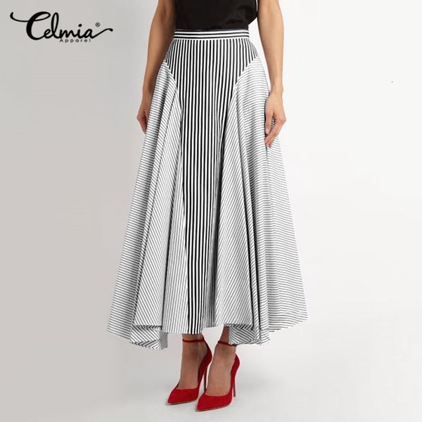 

skirt 5xl celmia women stylish striped high waist elastic elegant ol maxi ladies casual patchwork skirts plus size, Black