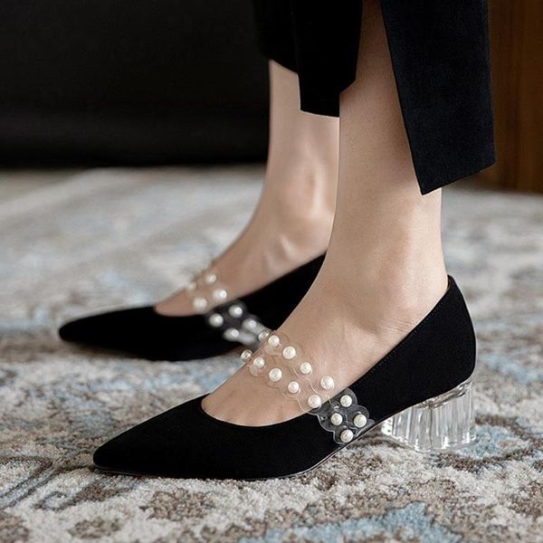 

karin lady shoes 2021 square thick heels flock pointed toe peral leisure fashion women pumps dress, Black