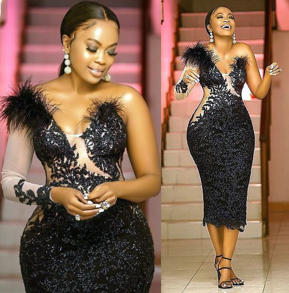 

2021 plus size arabic aso ebi black lace prom dresses one shoulder tea length evening formal party second reception bridesmaid gowns dress z