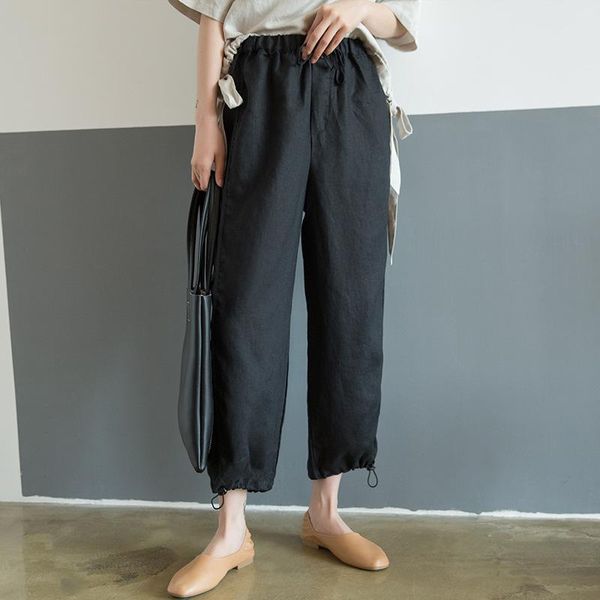 

women's pants & capris johnature 2021 elastic wiast solid color cotton linen summer women clothes harem loose casual ankle-length, Black;white