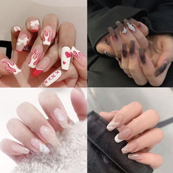 

false nails 24pcs/box ballerina artificial square head fire flame butterfly full cover tips manicure tool fashion, Red;gold