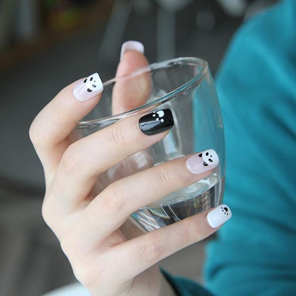 

false nails 24pcs panda artificial ballerina detachable fake french tips press on with adhesive tapes, Red;gold