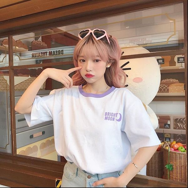 

ulzzang womens t shirt moon girl harajuku summer casual fashion large size  2xl funny letter print cute japanese cartoon, White