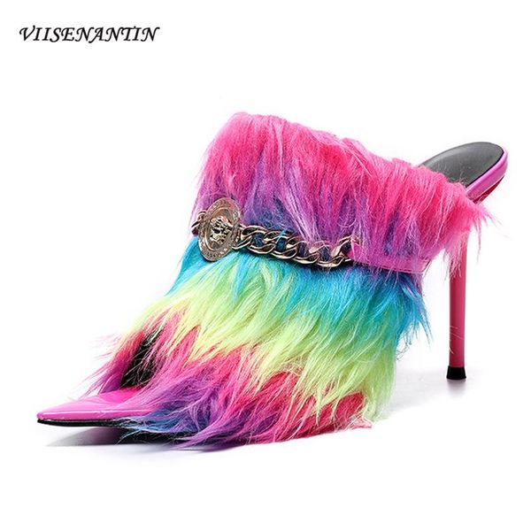 Hausschuhe Regenbogen Feder Metallschnalle Sandalen Maultiere Sexy dünne Ferse Slipper spitz spitze Stiletto Runway Party Schuhe Erstaunlich