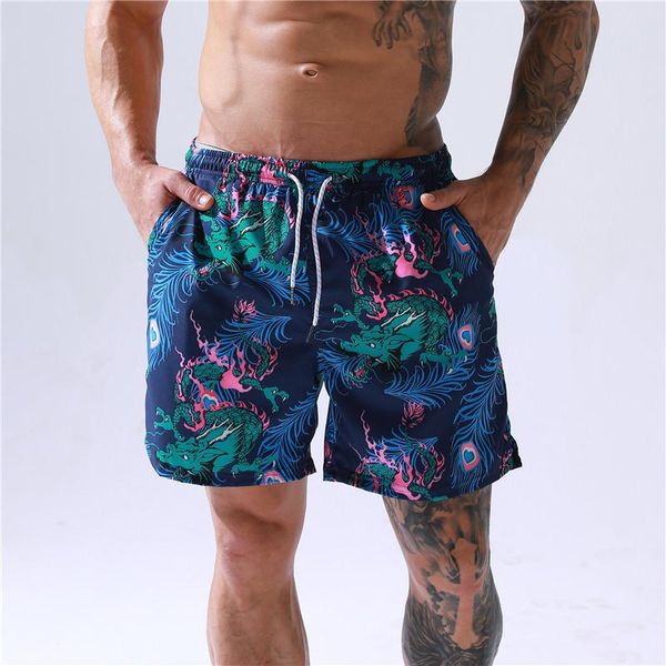 

men's shorts summer trendy floral print drawstring pocket swimming trunks casual loose seaside vacation straight leg pants, White;black