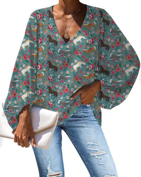 

women's blouses & shirts cartoon horse 3d print women blouse large size long sleeve shirt plus clothing beach cover up thin v neck out, White