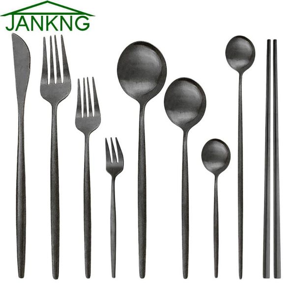 

black matte tableware stainless steel dinnerware set knife fork spoon chopsticks kitchen flatware silverware luxury cutlery sets