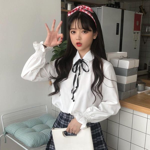 

women long sleeve shirts white blouses vintage korean 2021 spring sweet bow loose ladies blouse for girls women's &