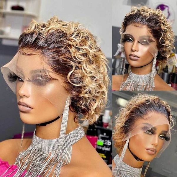 

honey blonde brazilian human hair pixie cut wigs short bob 13x1 pre plucked 1b/27 ombre curly bob, Black;brown