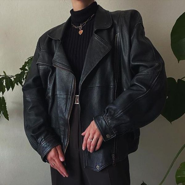 

women's leather & faux katara irregular high imitation coats women fashion solid pu jackets elegant zipper female ladies, Black
