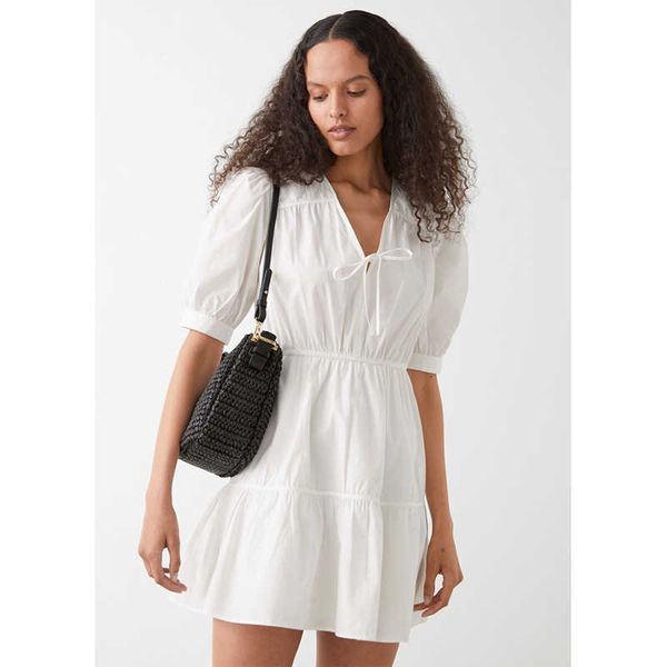 

summer os2021 v-neck bubble sleeve short pure color cotton temperament fashion simple casual drs for women, Black