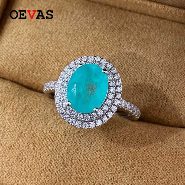 

oevas 100% 925 sterling silver 8*10mm oval synthetic paraiba tourmaline rings women sparkling high carbon diamond fine jewelry, Golden;silver