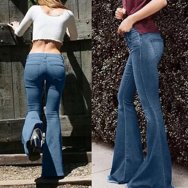 

women's jeans women denim pants solid slim fit full length skinny jean vintage bell bottom high waist female stretch flare trouser t6, Blue