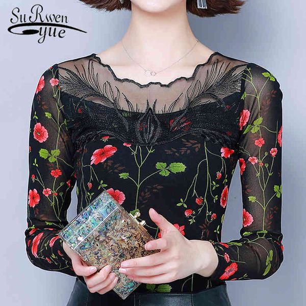 

fashion elegant lace women o-neck long sleeve hollow floral clothing slim blouses plus size 5675 50 210508, White