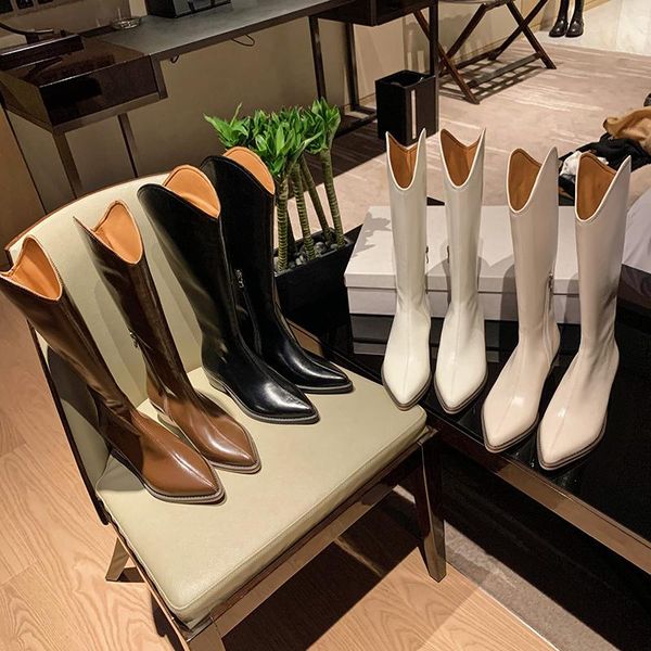 

boots 2021 latest women in leather knee high elegant chunky heel pointed knight fashion side zipper set foot shoes, Black