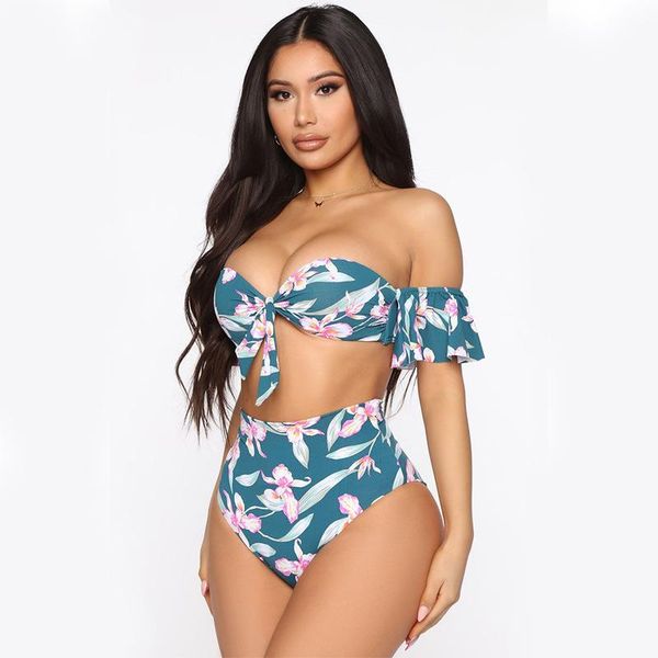 

women's swimwear bikini suit floral print ruffled shoulder high waist women split swimsuit beach skirt 2021 -40, White;black