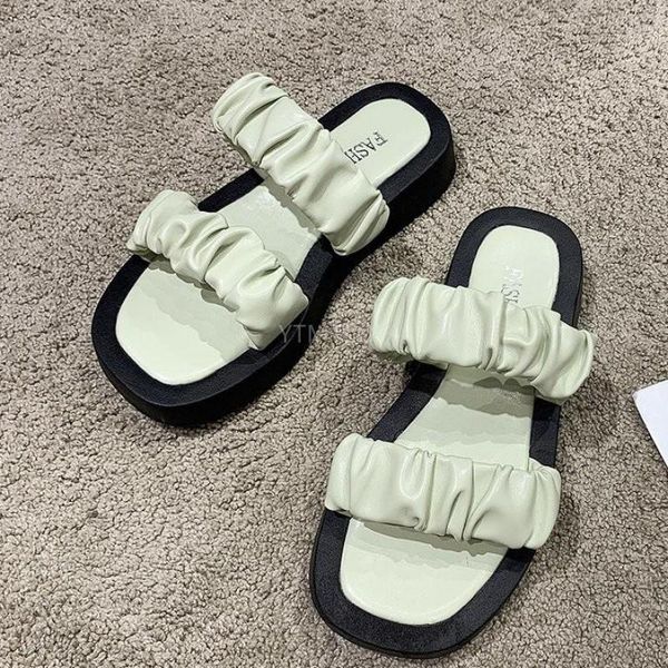 

spring summer square toe shallow pu leather pleated platform sandals women shoes fashion wedges zapatillas casa mujer slippers, Black