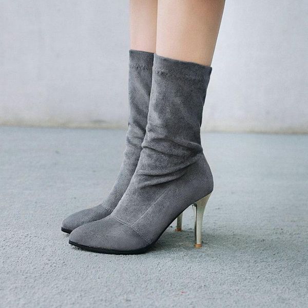 

boots sianie tianie 2021 autumn winter beige grey soft stretch socks booties gold thin high heels modern womens mid-calf, Black