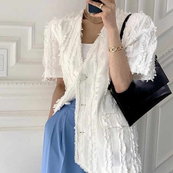 

women's jackets korean chic temperament summer heavy industry white v neck short-sleeved tassel coat women fashion ol jacket clothing w, Black;brown