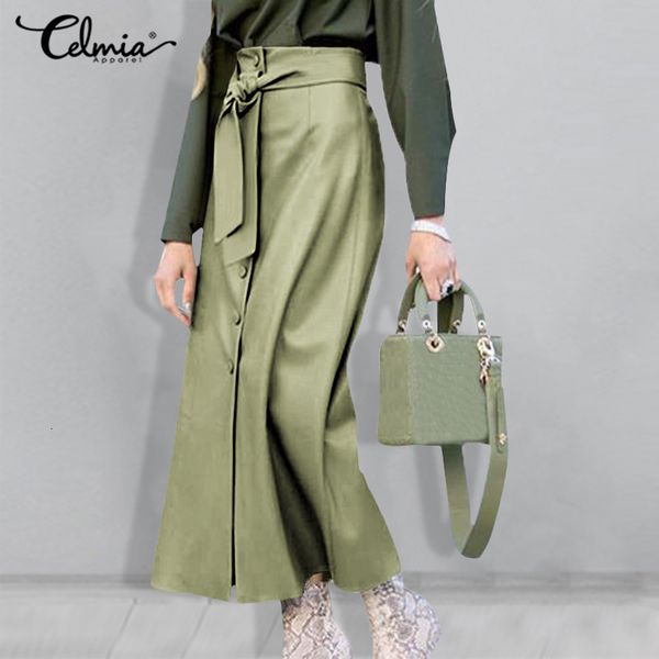 

skirt celmia casual 2021 pu leather women skirts elegant waist belted streetwear fashion button high split midi skirt 5xl, Black