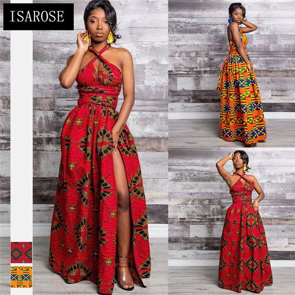 Isarose Sexy Bandage Dress para Mulheres Estilo Africano Impresso Geométrico Dashiki One Piece Chão Comprimento Múltiplo DIY DIY Vestidos 210422