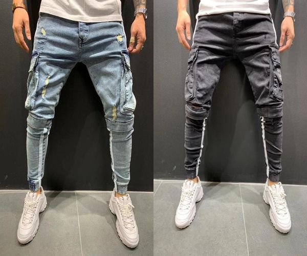 

men's jeans skinny side stripe pencil hip-hop biker denim multi-pockets sports male jogging cargo pants s-3l siz time limited, Blue