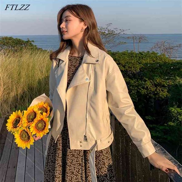 

spring autumn pu leather motorcycle jacket women lapel casual coat female loose solid color outwear with belt 210430, Black