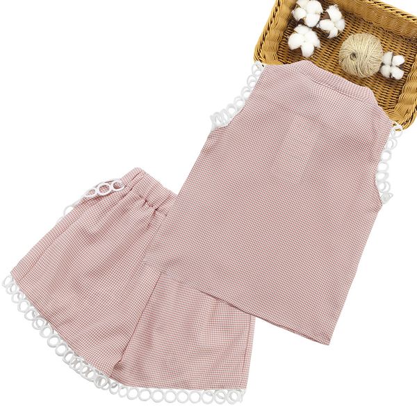 

summer clothes for girls plaid vest + short tracksuits for girls lace kids girl clothes set casual style childrens clothing, White